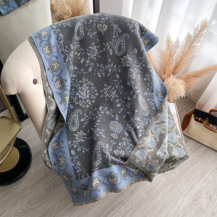 Buddha Stonesの厚みのある冬用ペイズリー花つる柄ソフトスカーフショール - ダークグレー - 185x65cm - image 6
