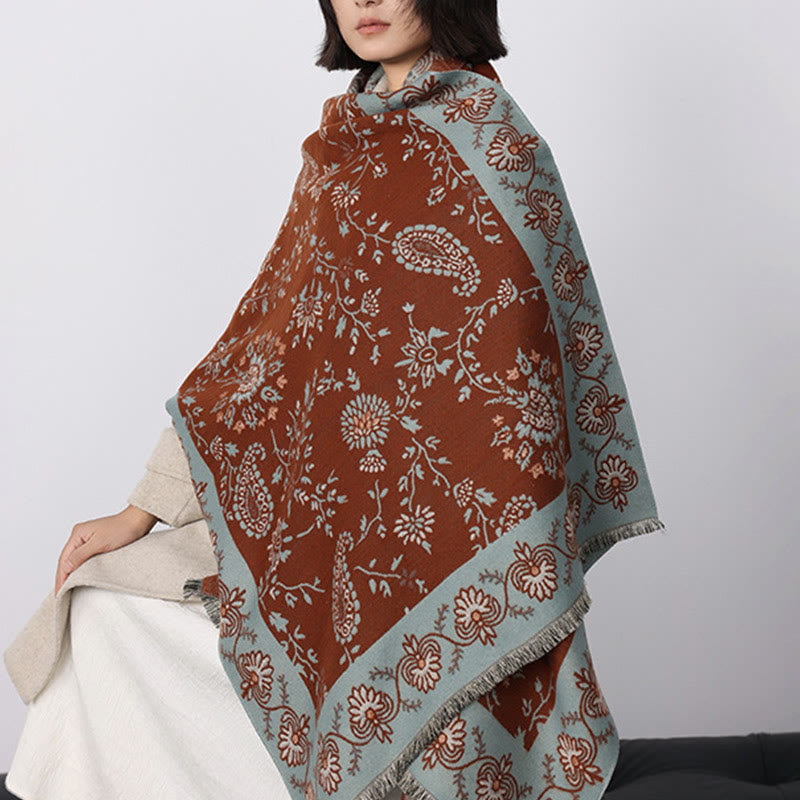 Buddha Stonesの厚みのある冬用ペイズリー花つる柄ソフトスカーフショール - チョコレート - 185x65cm - image 0