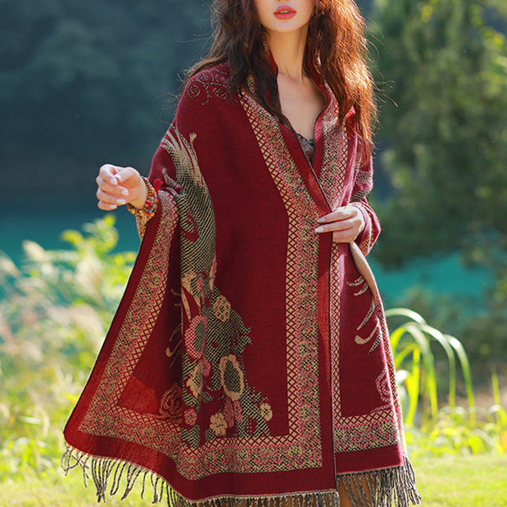 Buddha Stonesジャカードエスニックペイズリー植物柄タッセルソフトサーマルスカーフショール - ダークレッドのつる鳥の花 - 70～190cm - image 46