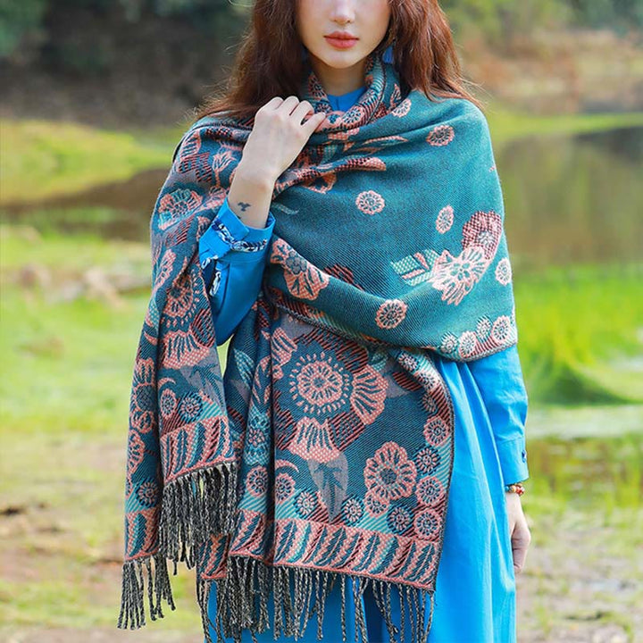 Buddha Stonesジャカードエスニックペイズリー植物柄タッセルソフトサーマルスカーフショール - ライトシーグリーンフローラル - 70～190cm - image 19