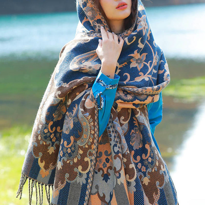 Buddha Stonesジャカードエスニックペイズリー植物柄タッセルソフトサーマルスカーフショール - スティールブルーヴァインズフローラル - 70～190cm - image 7