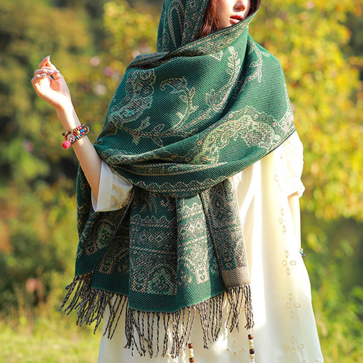 Buddha Stonesジャカードエスニックペイズリー植物柄タッセルソフトサーマルスカーフショール - ミディアムシーグリーンヴァインズ - 70～190cm - image 0