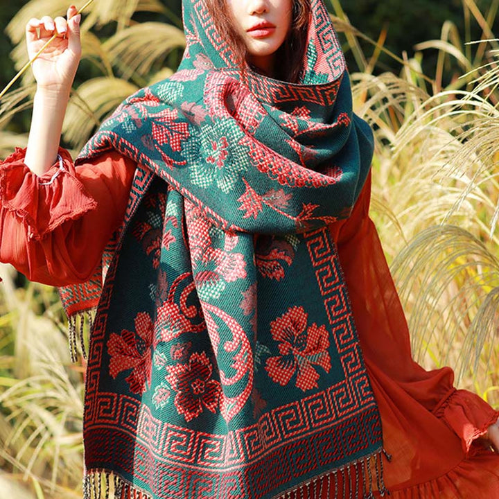 Buddha Stonesジャカードエスニックペイズリー植物柄タッセルソフトサーマルスカーフショール - ダークシアンフローラル - 70～190cm - image 34