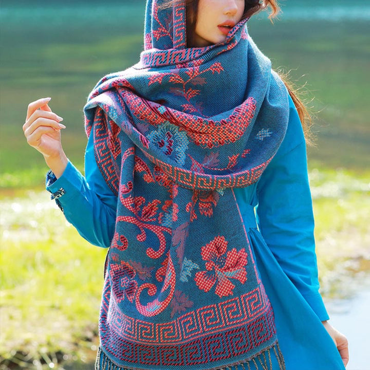 Buddha Stonesジャカードエスニックペイズリー植物柄タッセルソフトサーマルスカーフショール - スティールブルーフローラル - 70～190cm - image 37