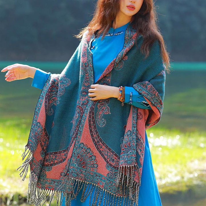 Buddha Stonesジャカードエスニックペイズリー植物柄タッセルソフトサーマルスカーフショール - ダークシアンペイズリー - 70～190cm - image 43