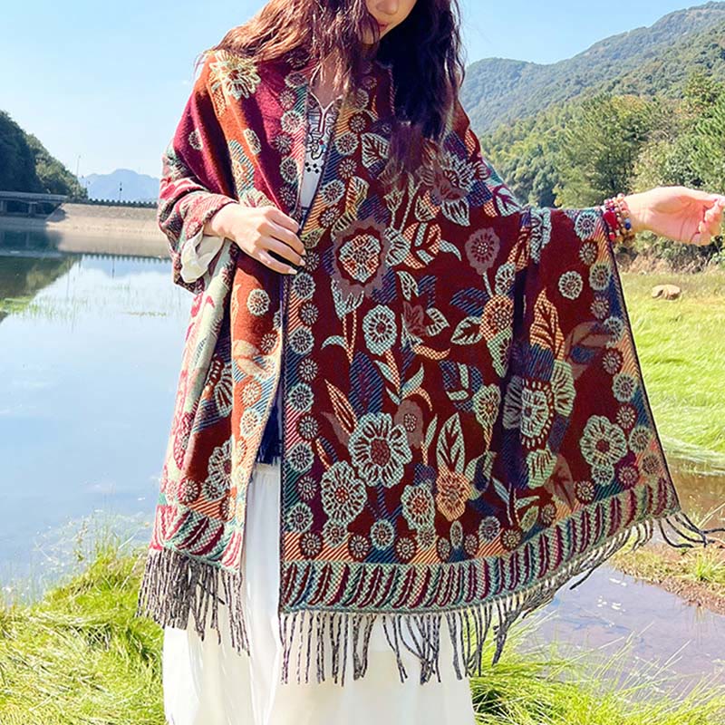 Buddha Stonesジャカードエスニックペイズリー植物柄タッセルソフトサーマルスカーフショール - ダークレッドフローラル - 70～190cm - image 25