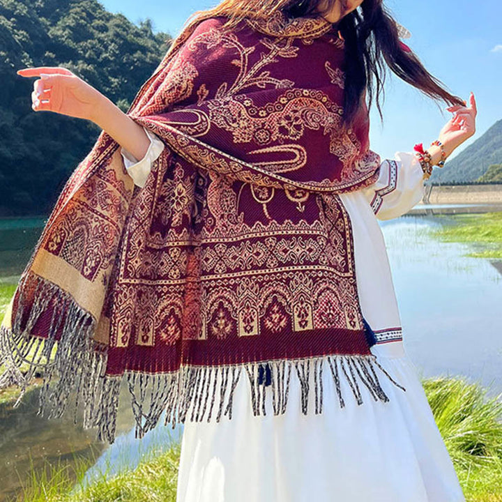 Buddha Stonesジャカードエスニックペイズリー植物柄タッセルソフトサーマルスカーフショール - image 17