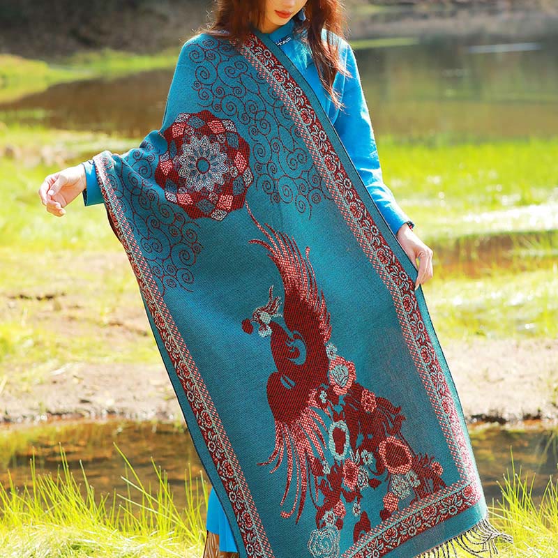 Buddha Stonesジャカードエスニックペイズリー植物柄タッセルソフトサーマルスカーフショール - ダークシアンのつる鳥の花 - 70～190cm - image 45