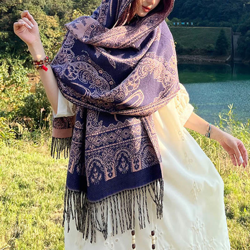 Buddha Stonesジャカードエスニックペイズリー植物柄タッセルソフトサーマルスカーフショール - image 11