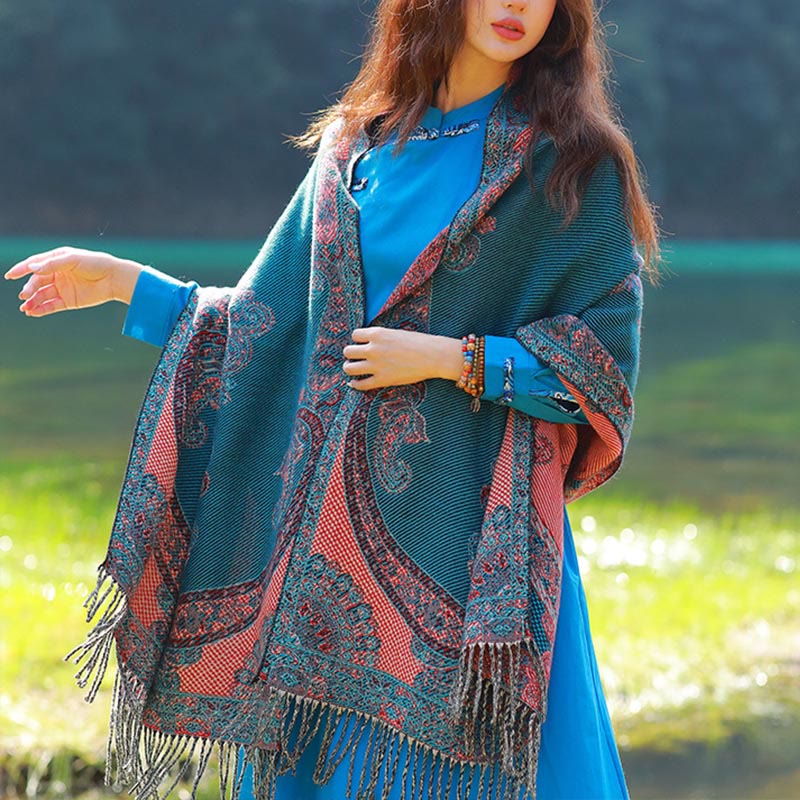 Buddha Stonesジャカードエスニックペイズリー植物柄タッセルソフトサーマルスカーフショール - ダークシアンペイズリー - 70～190cm - image 43