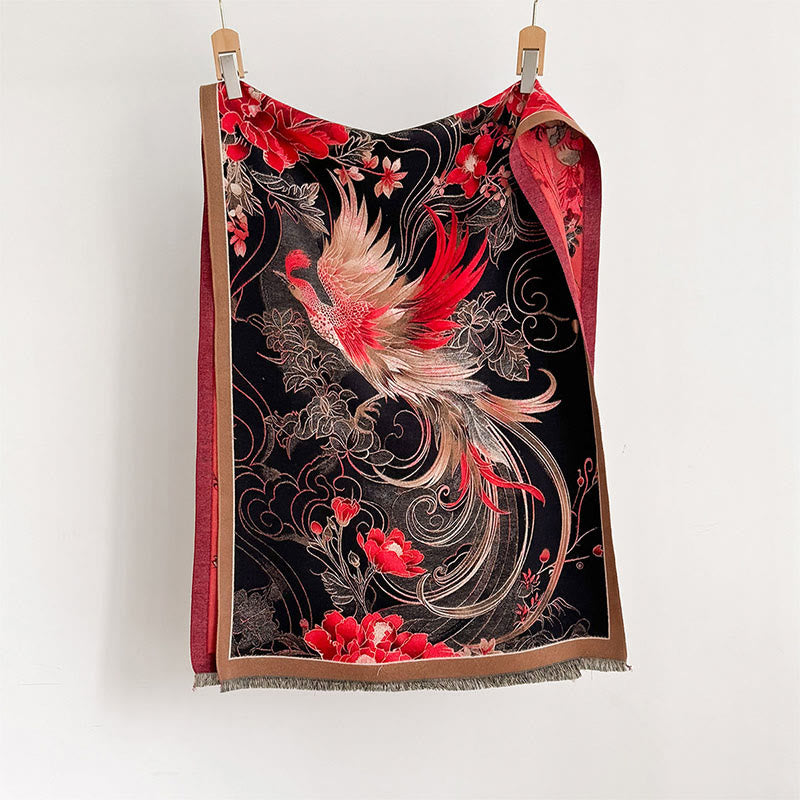 Buddha Stones冬用 保温 鳳凰 花柄 タッセル ソフト スカーフ ショール - image 1