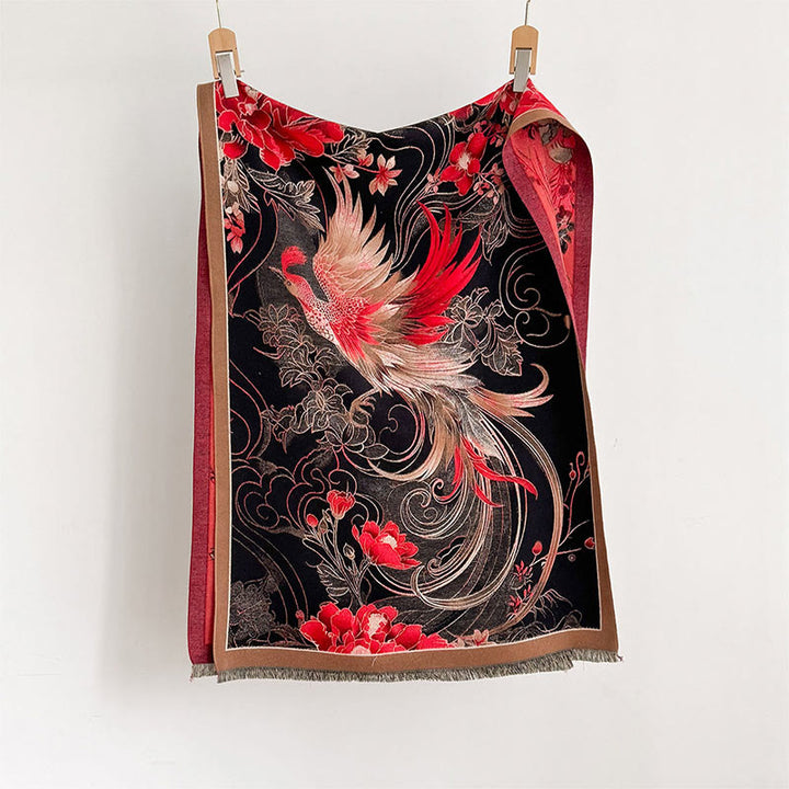 Buddha Stones冬用 保温 鳳凰 花柄 タッセル ソフト スカーフ ショール - image 1