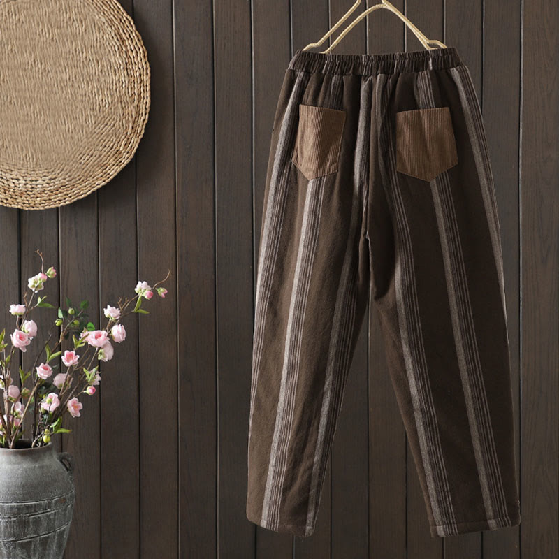 Buddha Stones通勤用サーマルストライプコットンコーデュロイレディースハーレムパッド入りパンツ（ポケット付き） - image 1