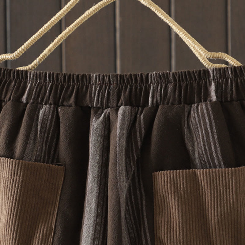 Buddha Stones通勤用サーマルストライプコットンコーデュロイレディースハーレムパッド入りパンツ（ポケット付き） - image 3