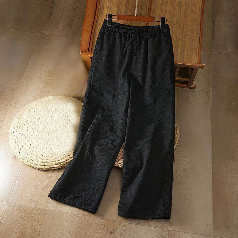 Buddha Stones冬用サーマル ジャカード 花柄 レディース ワイドレッグ コットンパンツ ポケット付き - 黒 - US8-10，UK/AU12-14，EU40-42 (2XL) - image 0