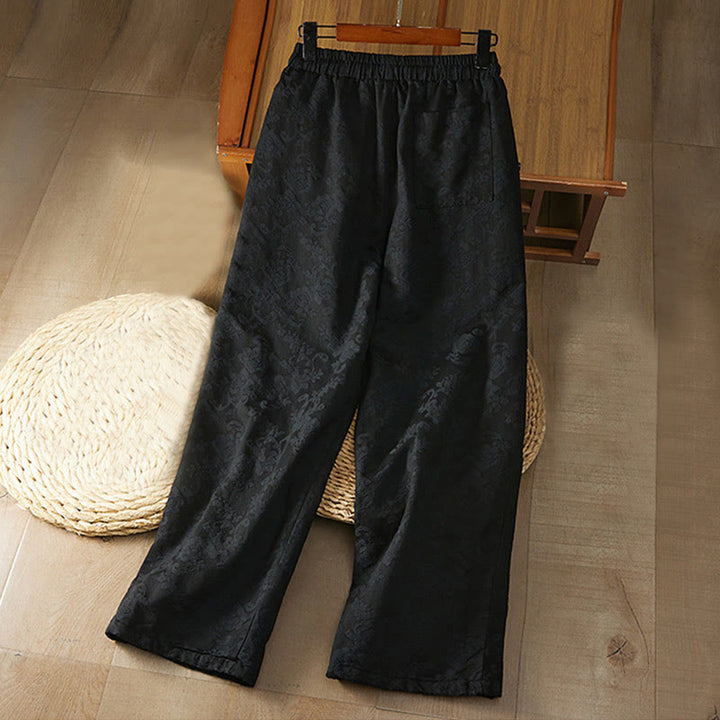 Buddha Stones冬用サーマル ジャカード 花柄 レディース ワイドレッグ コットンパンツ ポケット付き - image 1