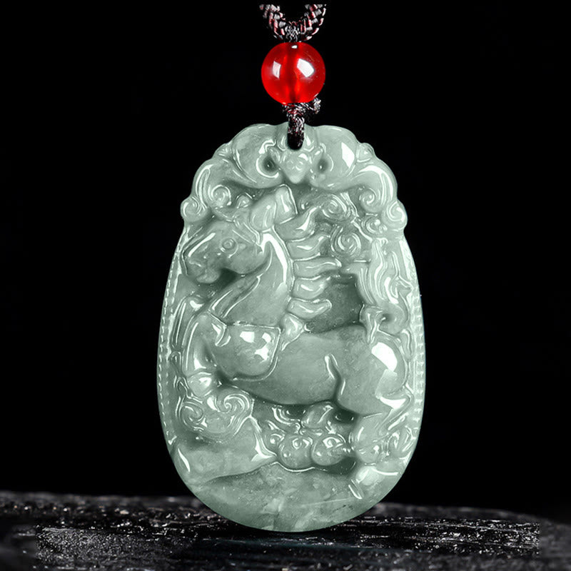 Buddha Stones中国の十二支 翡翠 午年 幸運 ロープ ネックレス ペンダント - 馬 - image 0