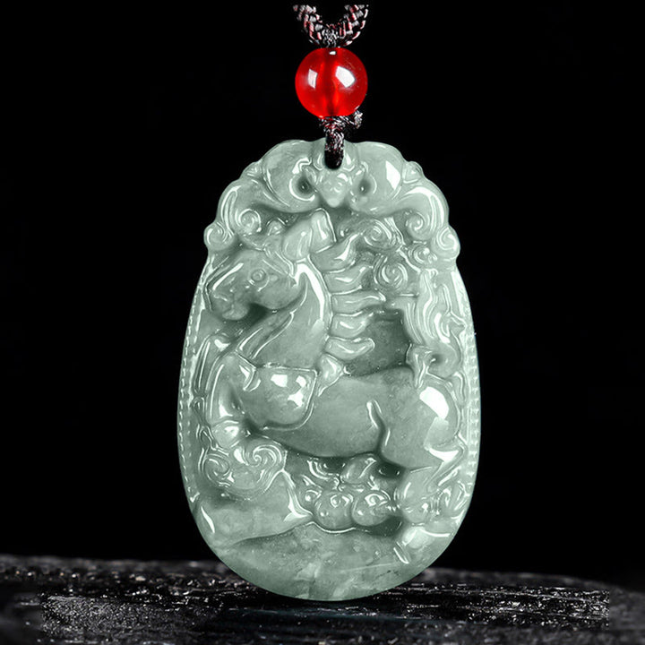 Buddha Stones中国の十二支 翡翠 午年 幸運 ロープ ネックレス ペンダント - 馬 - image 0