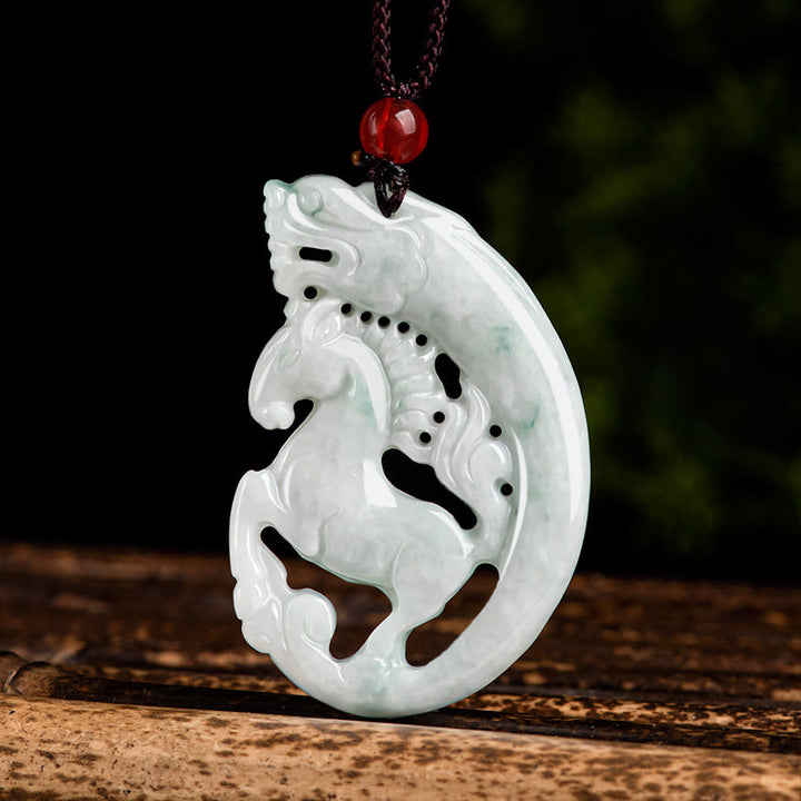 Buddha Stones午年 龍 翡翠豊かさロープ ネックレス ペンダント - 馬 - image 0