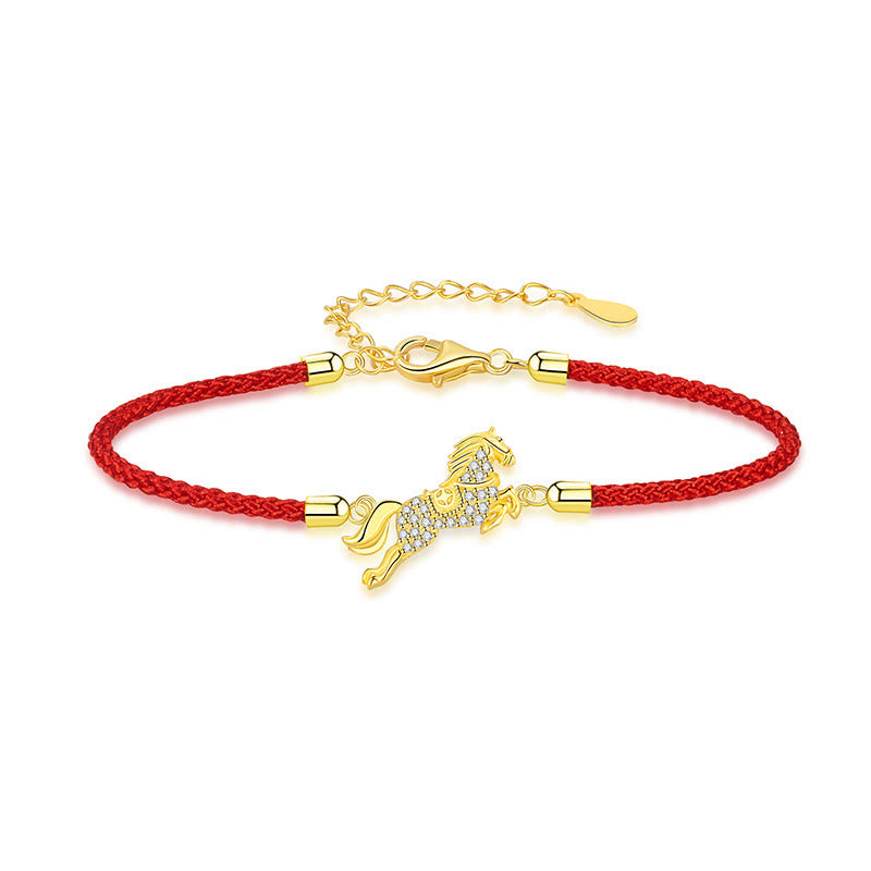 Buddha Stones中国十二支 馬年 925スターリングシルバー 金色赤紐幸運ブレスレット - image 1