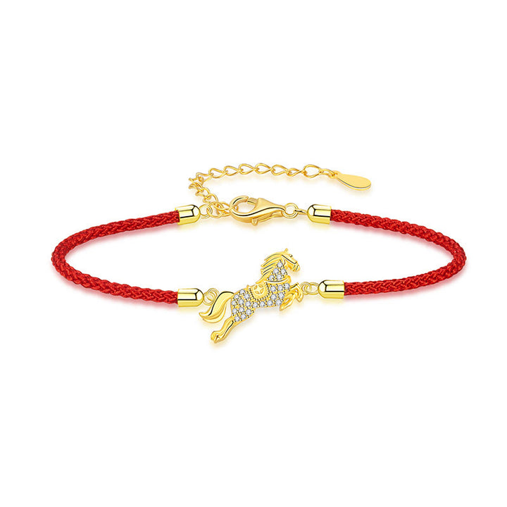 Buddha Stones中国十二支 馬年 925スターリングシルバー 金色赤紐幸運ブレスレット - image 1