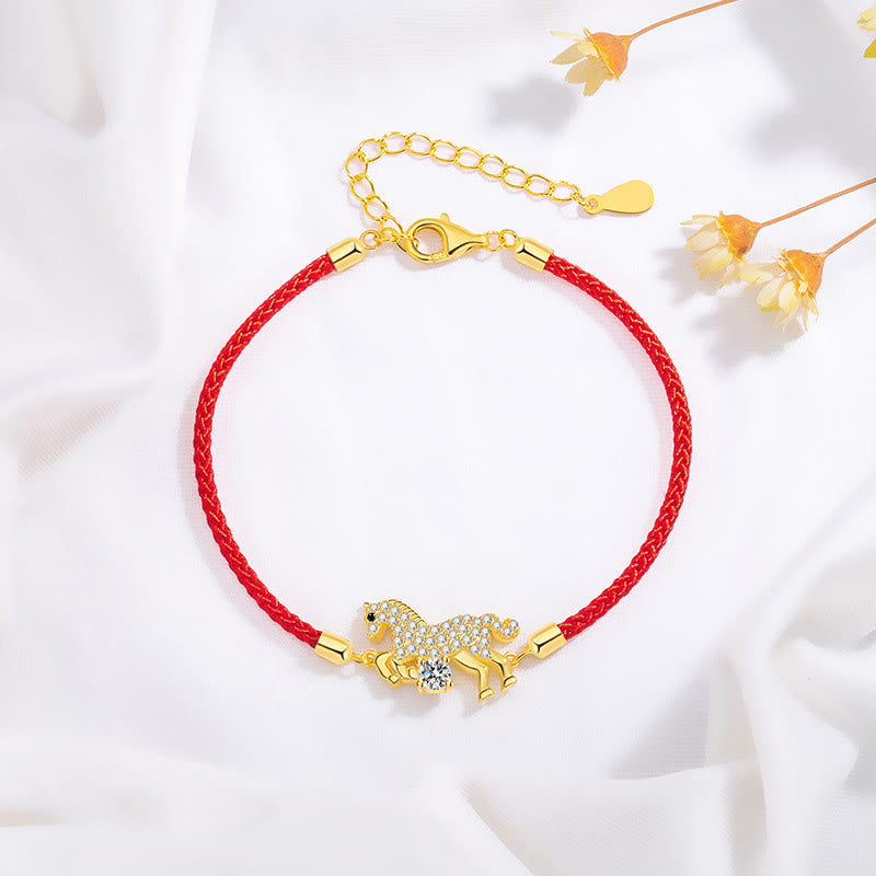 Buddha Stones925スターリングシルバー 黄金の午年赤紐幸運の調節可能ブレスレット - 馬（手首周り14～18cm） - image 0