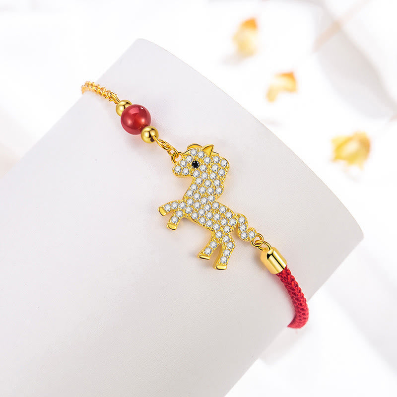 Buddha Stones 925スターリングシルバーメッキ 18Kゴールド 馬チャーム赤紐ストレングス 編み込みブレスレット - image 2