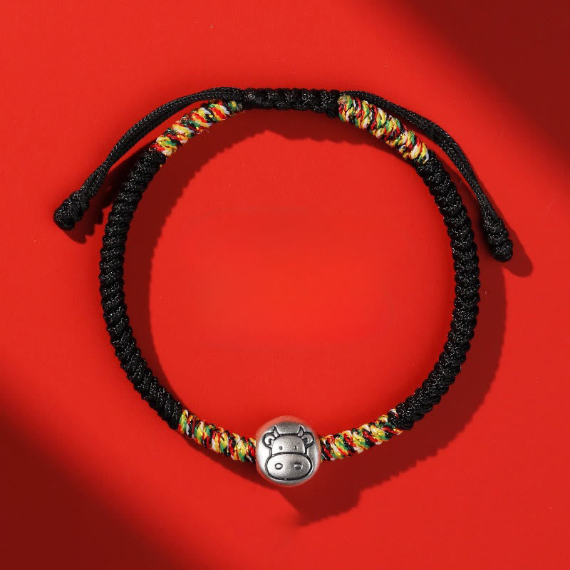 Buddha Stones 999スターリングシルバー 中国十二支 馬チャーム赤紐強さ 編み込みブレスレット - 牛の黒紐 - image 32
