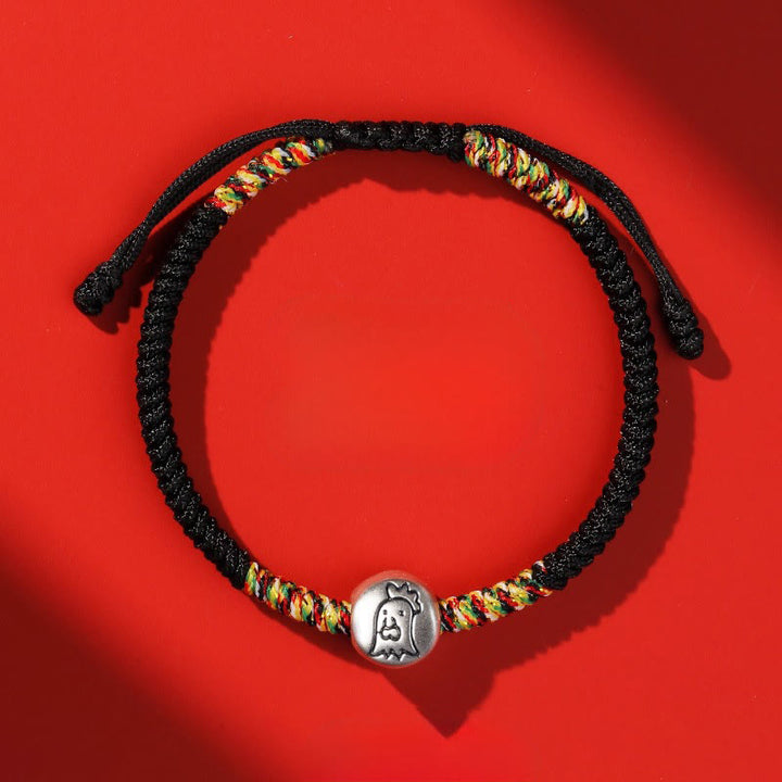 Buddha Stones 999スターリングシルバー 中国十二支 馬チャーム赤紐強さ 編み込みブレスレット - 雄鶏の黒い紐 - image 40