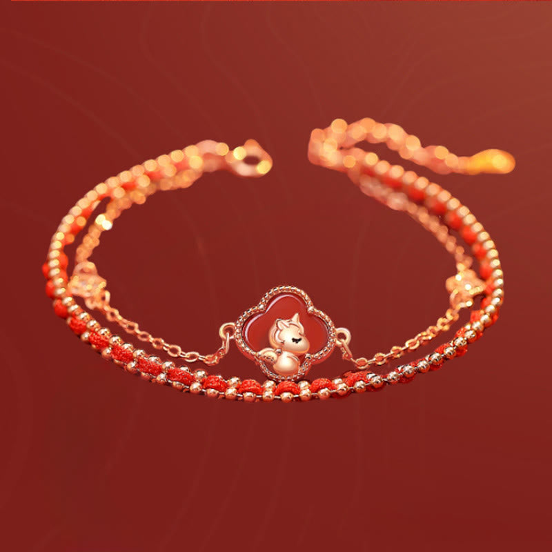 Buddha Stones 925スターリングシルバー 馬 四つ葉のクローバー 赤瑪瑙 和田翡翠 自信のブレスレット - image 1