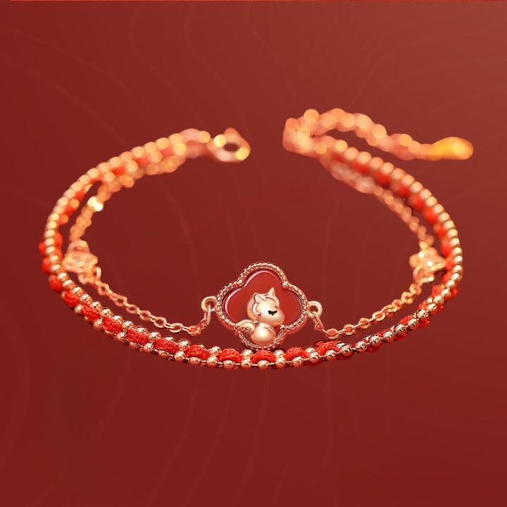 Buddha Stones 925スターリングシルバー 馬 四つ葉のクローバー 赤瑪瑙 和田翡翠 自信のブレスレット - image 1
