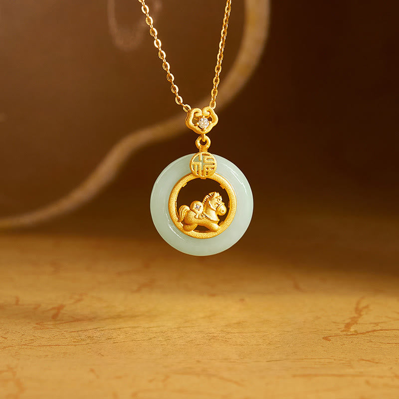 Buddha Stones925 スターリングシルバー 馬 和田翡翠平和のお守りチャーム福の字 幸運のネックレスペンダント - 翡翠（豊かさ♥豊穣） - image 0