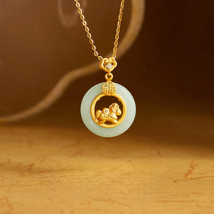 Buddha Stones925 スターリングシルバー 馬 和田翡翠平和のお守りチャーム福の字 幸運のネックレスペンダント - 翡翠（豊かさ♥豊穣） - image 0