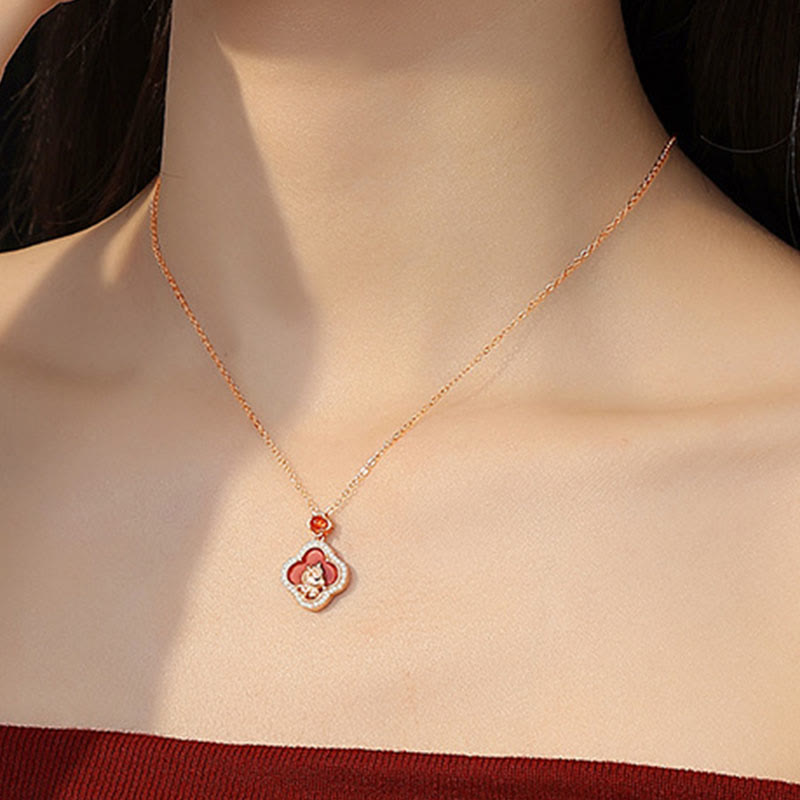 Buddha Stones 925スターリングシルバー 馬チャーム 四つ葉のクローバー レッドアゲート カームネックレスペンダント - image 4
