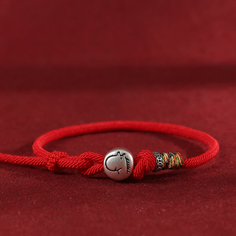 Buddha Stones馬年 999 スターリングシルバー 銅貨 ロープ編み守護ブレスレット - 赤 - 18～20cm - image 0