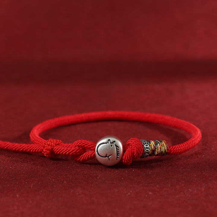 Buddha Stones馬年 999 スターリングシルバー 銅貨 ロープ編み守護ブレスレット - 赤 - 18～20cm - image 0