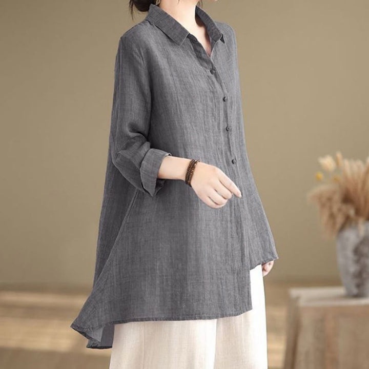 Buddha Stones不規則なデザインボタン 長袖 レディース コットンシャツ - image 1