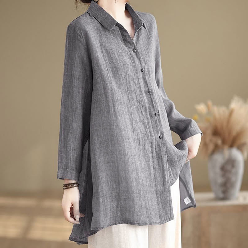 Buddha Stones不規則なデザインボタン 長袖 レディース コットンシャツ - image 5