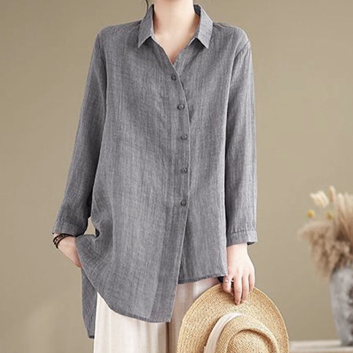 Buddha Stones不規則なデザインボタン 長袖 レディース コットンシャツ - image 3