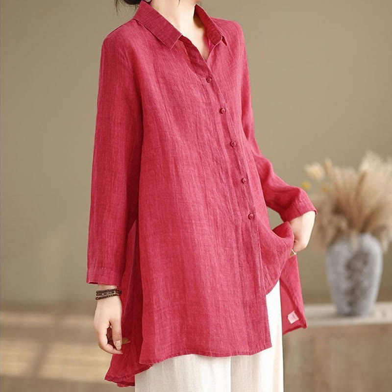 Buddha Stones不規則なデザインボタン 長袖 レディース コットンシャツ - image 9