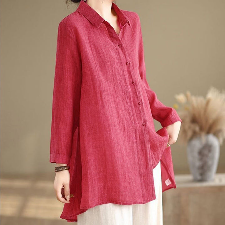 Buddha Stones不規則なデザインボタン 長袖 レディース コットンシャツ - image 9