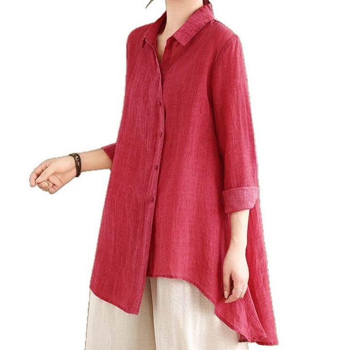 Buddha Stones不規則なデザインボタン 長袖 レディース コットンシャツ - image 20