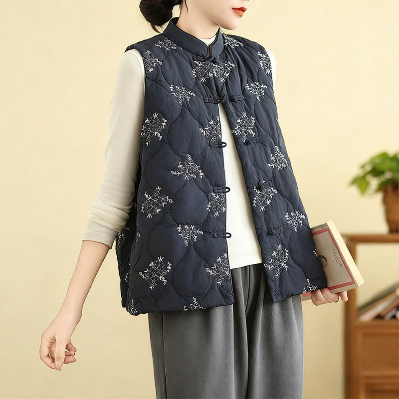Buddha Stones刺繍入りカエルボタンレディースノースリーブコットンベストウエストコートポケット付き - image 2