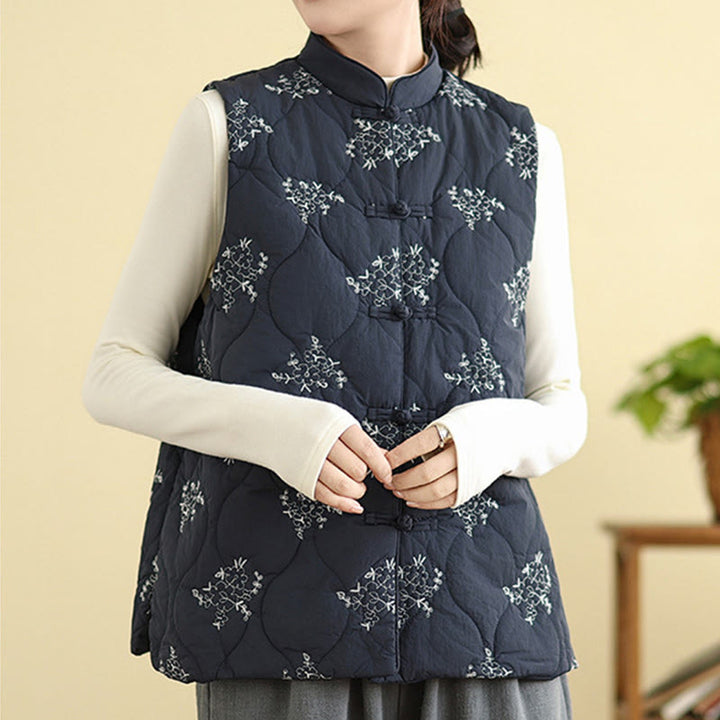 Buddha Stones刺繍入りカエルボタンレディースノースリーブコットンベストウエストコートポケット付き - ミッドナイトブルー - US8-10，UK/AU12-14，EU40-42 (2XL) - image 0