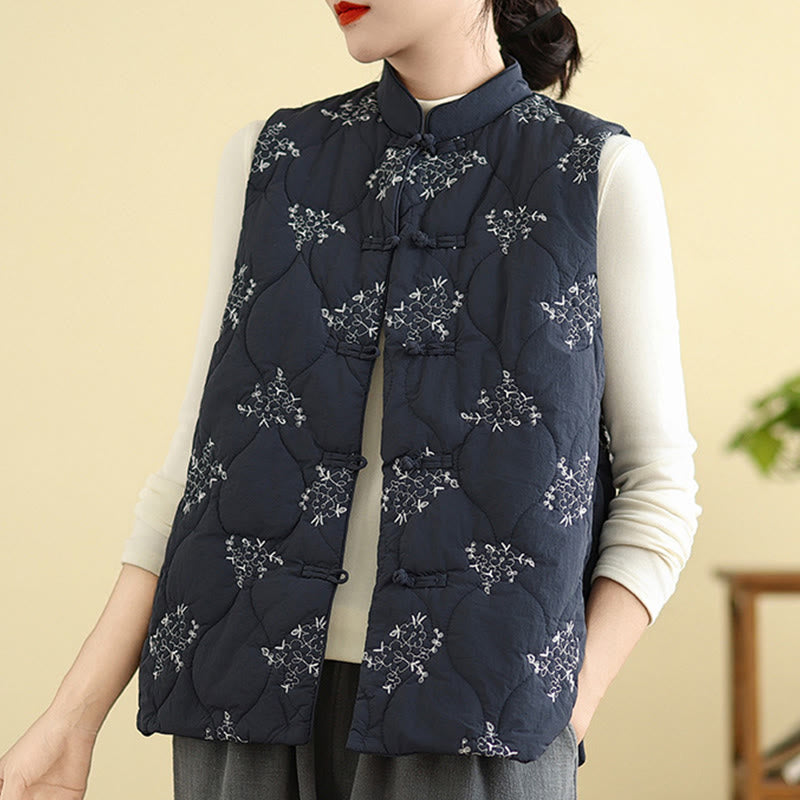 Buddha Stones刺繍入りカエルボタンレディースノースリーブコットンベストウエストコートポケット付き - image 3