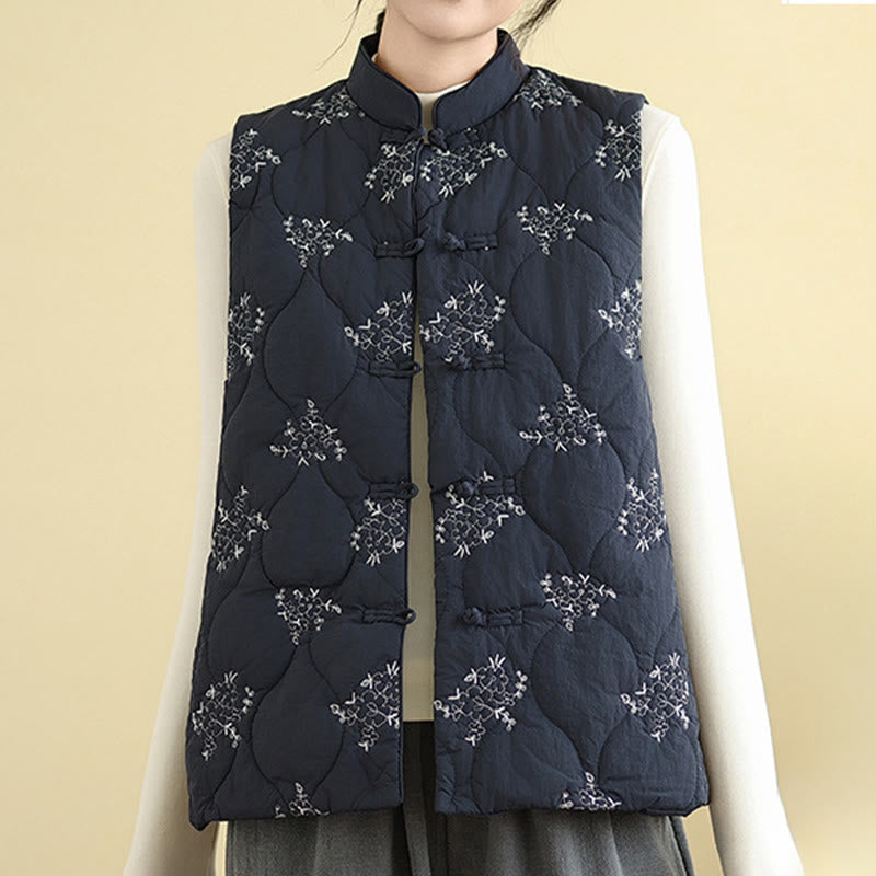 Buddha Stones刺繍入りカエルボタンレディースノースリーブコットンベストウエストコートポケット付き - image 8