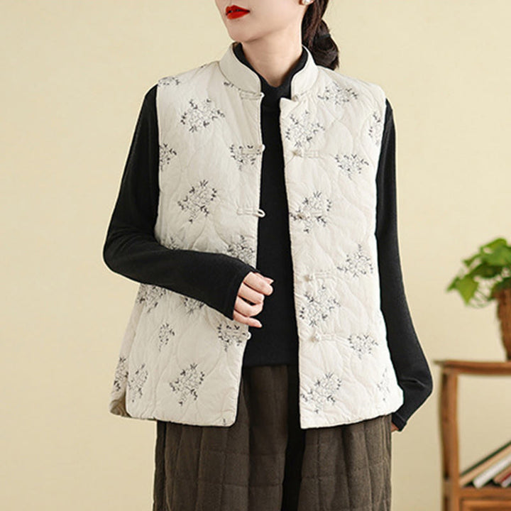Buddha Stones刺繍入りカエルボタンレディースノースリーブコットンベストウエストコートポケット付き - image 11