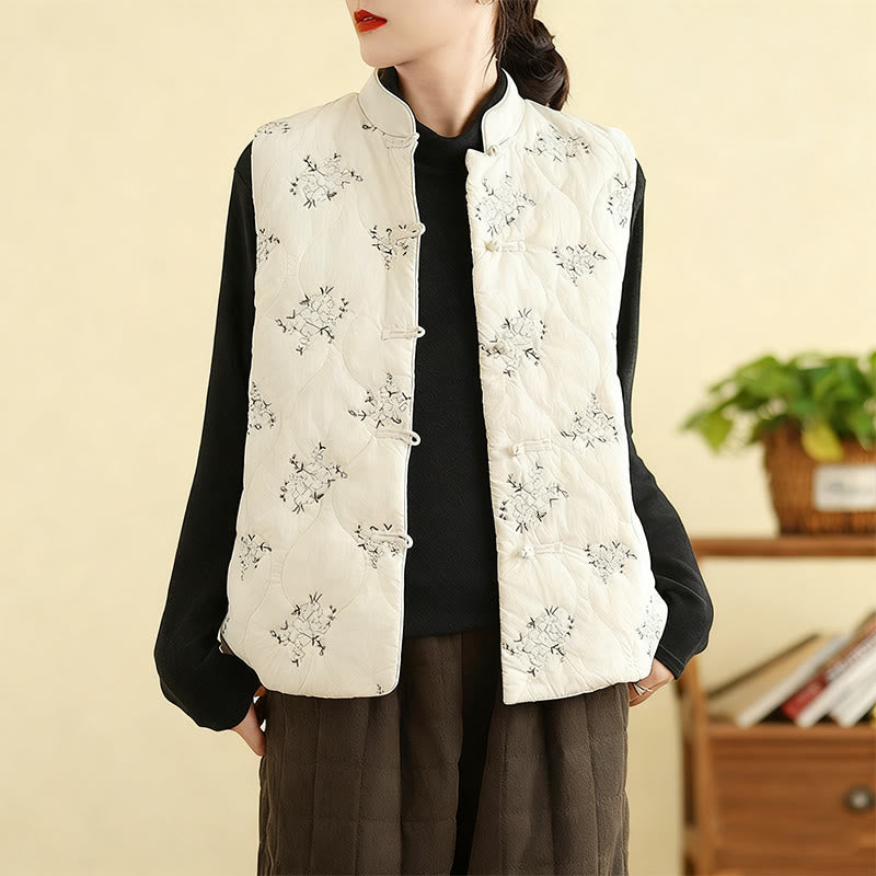 Buddha Stones刺繍入りカエルボタンレディースノースリーブコットンベストウエストコートポケット付き - 象牙 - US8-10，UK/AU12-14，EU40-42 (2XL) - image 10