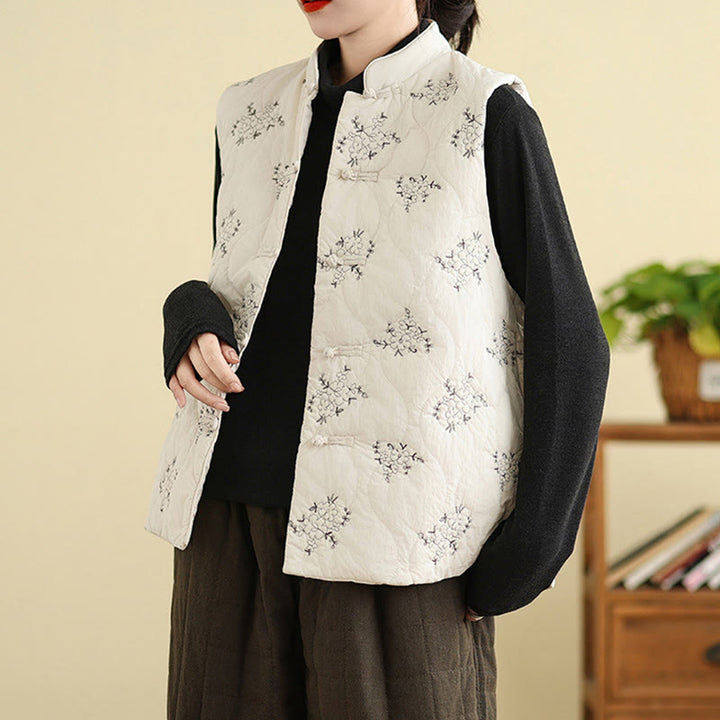 Buddha Stones刺繍入りカエルボタンレディースノースリーブコットンベストウエストコートポケット付き - image 13