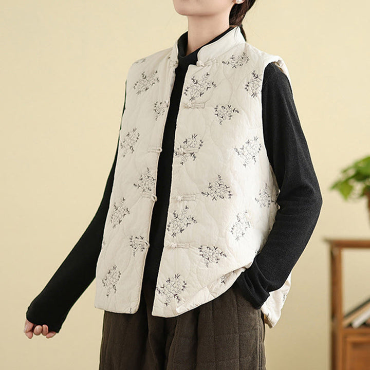 Buddha Stones刺繍入りカエルボタンレディースノースリーブコットンベストウエストコートポケット付き - image 12